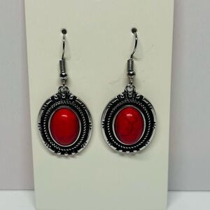 NWOT Red Oval Earrings with Gunmetal Hardware
